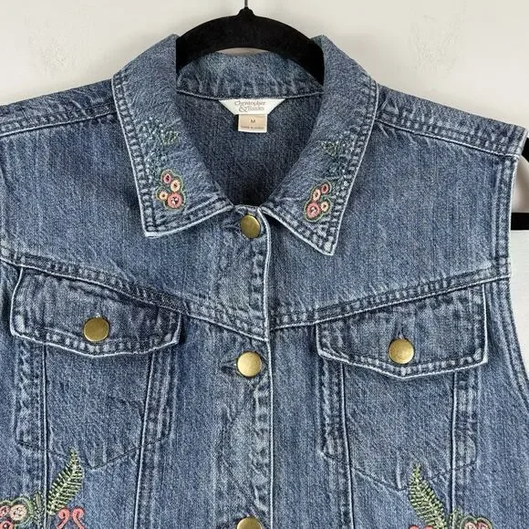 Christopher Banks Denim Boho Vest M Blue Embroidered Collared Eclectic Western - Picture 2 of 9